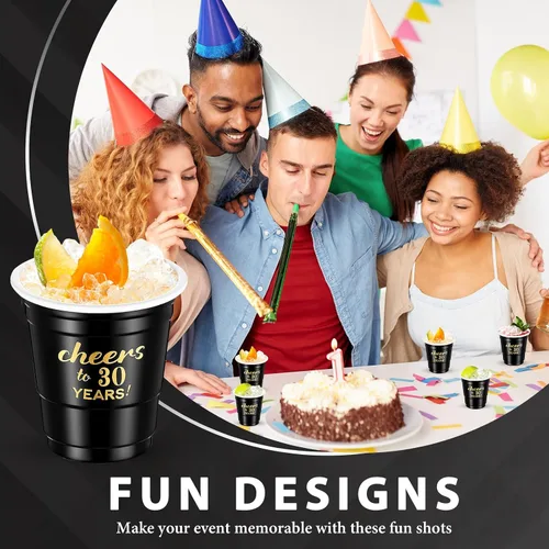 Vista 4 de 100 vasos desechables de plástico transparente para cumpleaños de 30 años de 30 años, de 2 onzas, para hombres y mujeres, para aniversario, fiesta