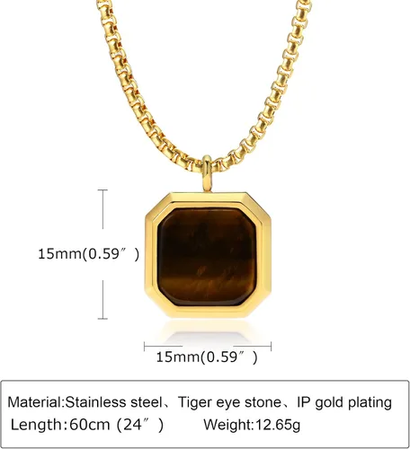 Vista 2 de MEALGUET Collar de acero inoxidable para hombre, piedra natural cuadrada, colgante de ágata de ojo de tigre, collar geométrico minimalista