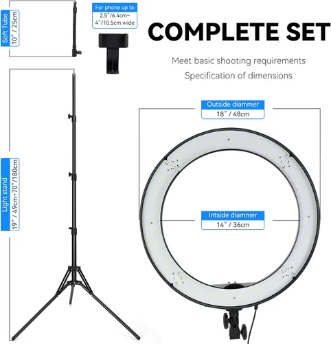 Vista 2 de Anillo de luz de 18 pulgadas, 55 W regulable 5500K luz con 240 LED filtro de color, tubo suave y bolsa de transporte para YouTube, TikTok, selfies
