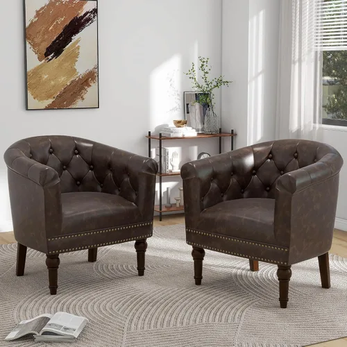 Vista 42 de Pia Ricco Silla de Acento Tipo Barril de Cuero Sintético, Silla de Club Moderna con Brazos, Cómoda Silla Individual Tapizada con Patas de Madera