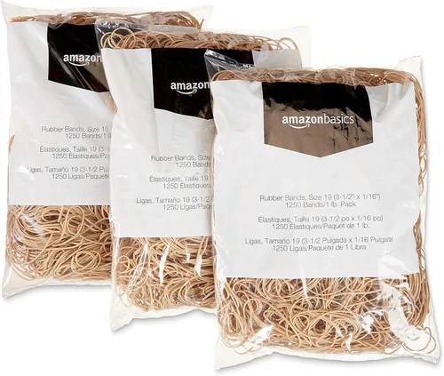 Vista 3 de Amazon Basics Bandas de goma, tamaño 19 (3-1/2 x 1/16 pulgadas), 1250 bandas/paquete de 1 libra, paquete de 3, marrón