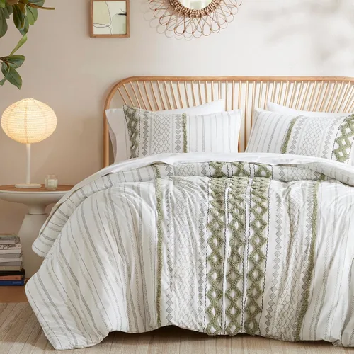 Vista 14 de INK+IVY Edredón para cama tamaño Queen, chenilla con mechones, juego de edredón de algodón transpirable Queen, edredón bohemio moderno para todas