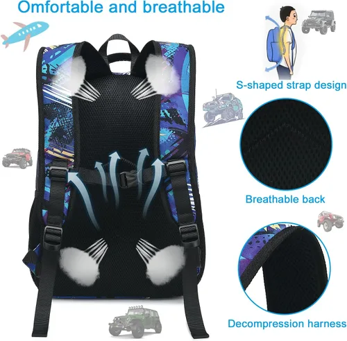 Vista 3 de Mochila escolar para niños y niñas, mochila escolar para preescolar y jardín de infantes, bolsas de guardería, Vehículo todoterreno negro-azul