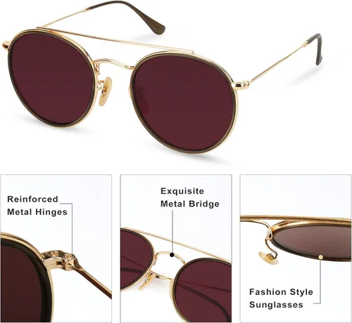 Vista 3 de Sumato Lentes de sol retro redondos de doble puente para mujeres y hombres, gemelas circulares UV400 Sunnies dorados con lente rosa, Oro con lente