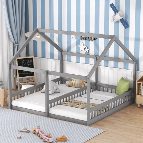 Vista 4 de Harper & Bright Designs Marco de cama para niños con 2 camas de plataforma individual, con techo triangular de madera, cama Montessori de suelo Gris