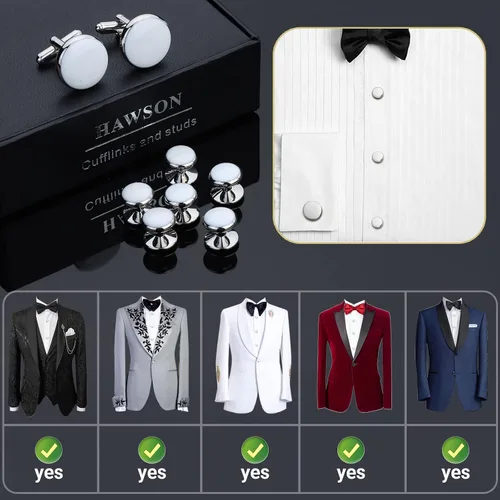 Vista 4 de HAWSON Juego de gemelos y tachuelas de esmoquin para hombre con caja de regalo joyas o accesorios para hombre adecuados para traje negro, camisas