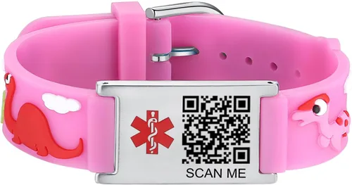 Vista 14 de LinnaLove Medical Alert ID Bracelet – Custom or Pre-Engraved, QR Code Available,Blue Dinosaur Band