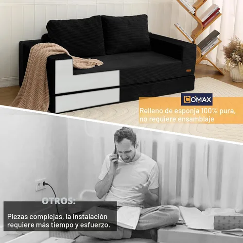 Vista 9 de COMAX Sofá Cama Convertible Queen, Sofá de Piso Plegable de Pana Sofá Cama Extraíble Futón Sleeper con Almohadas, Sofá Plegable Sin Huesos Cómodo