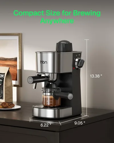 Vista 2 de HBN Máquina de café expreso, cafetera de 3.5 bar para capuchino y café con leche, cafetera de acero inoxidable de 2 a 4 tazas con espumador
