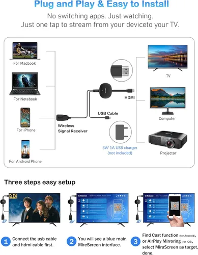 Vista 3 de Adaptador de dongle inalámbrico de pantalla HDMI 2026 4K Decod – Receptor de espejo de pantalla fundido archivo de audio de teléfono, tableta Negro