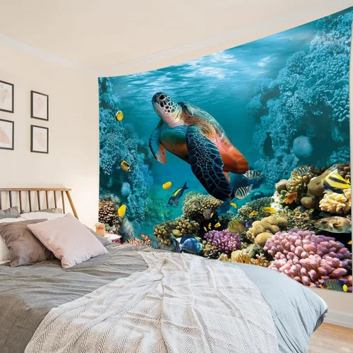 Vista 5 de HVEST Tapiz de tortuga marina para colgar en la pared, peces tropicales y coral en mundo submarino para dormitorio, océano azul, paisaje natural