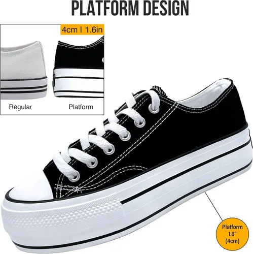 Vista 2 de REFRASE LIFE Tenis de plataforma para mujer, zapatos de plataforma blanca, zapatos de tenis de caña baja, zapatos de lona con cordones, zapatos