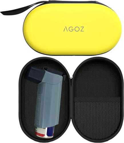 Vista 10 de AGOZ Funda de viaje para medicamentos para inhaladores de asma, soporte para inhalador con cierre de cremallera y correa para la muñeca (negro/rojo)