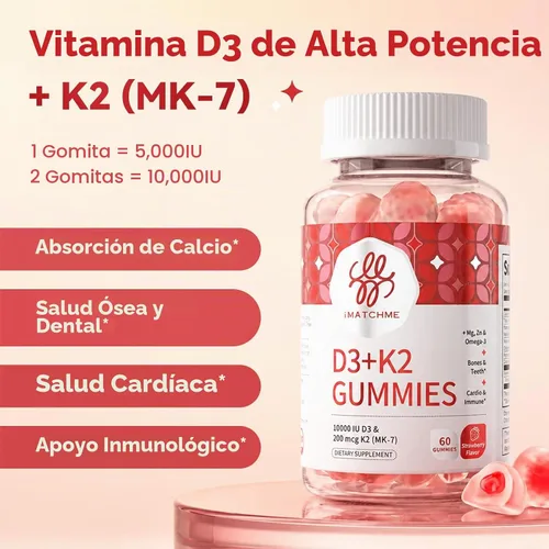 Vista 2 de Gomitas de vitamina D3 K2, 5,000 UI/10,000 UI D3 + 200 mcg MK-7, 120