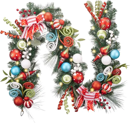 Vista 10 de Valery Madelyn Guirnalda de Navidad preiluminada de 9 pies con luces para manto, guirnalda de Navidad iluminada al aire libre con bolas y lazos