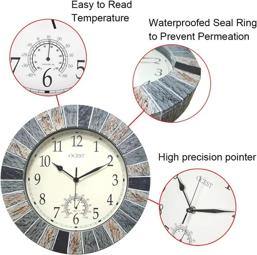 Vista 4 de Reloj grande de 13 pulgadas para interiores y exteriores, reloj de pared impermeable con termómetro, resistente al clima, sin tictac, funciona