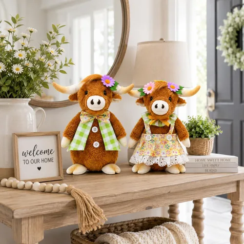 Vista 2 de Decoración de vaca de las montañas, decoración de mesa de primavera y verano, figura de señor y señora para bandeja rústica con niveles de granja