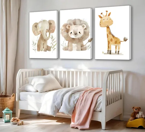 Vista 3 de UNDDISINS 3 piezas de lienzo para guardería de animales, arte de pared, acuarela, animales de bebé, pintura para decoración de pared, lindo