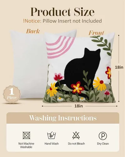 Vista 6 de JASEN Funda de almohada bordada de gato de 18 x 18 pulgadas, funda de almohada decorativa de algodón para sofá, dormitorio, sala de estar, casa