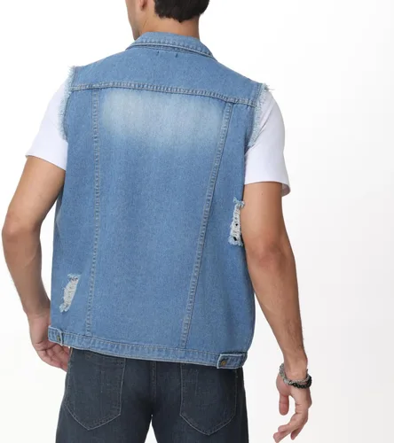 Vista 4 de NASKY Chaleco de mezclilla sin mangas ajustado retro rasgado para hombre y chaqueta de mezclilla