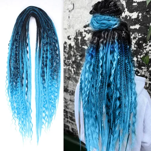 Vista 8 de Kraler Extensiones de Rastas Azules de Doble Extremo de 18 Pulgadas, 20 Hebras Sintéticas DE Extensiones de Rastas Hechas a Mano, Estilo de Rastas