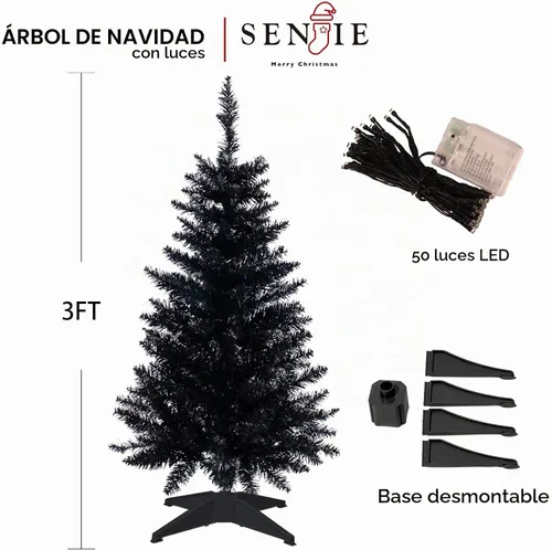 Vista 3 de Mini Árbol de Navidad de 3 pies artificial de escritorio para la decoración de Navidad y Halloween con 160 puntas de ramas, negro