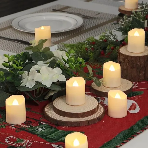 Vista 6 de FPOO Velas de té recargables sin llama con temporizador y control remoto, 12 velas votivas LED parpadeantes con 2 cables de carga USB, vela falsa