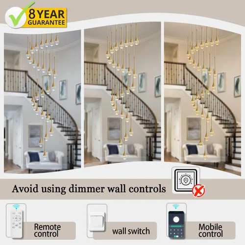 Vista 5 de ykolupty Candelabros grandes de 138 pulgadas para sala de estar, modernos candelabros dorados de cristal, lámpara colgante de escalera en espiral