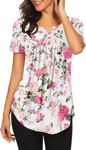 Vista 3 de Blusón plisado de manga corta con estampado floral y cuello Henley en V para mujer, con vuelo.