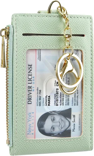 Vista 15 de Tarjetero de cuero para mujer, con bloqueo RFID, delgado y pequeño, con cremallera, llavero, bolsillo frontal, con 2 ventanas para identificación
