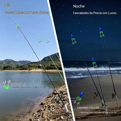 Vista 2 de Campanas de pesca con luces, 20 unidades, luces LED de pesca nocturna, 10 piezas de caña de pescar, campana de alarma de cebo, accesorios de pesca