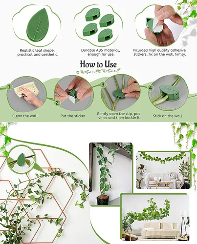 Vista 4 de 40 clips de pared para plantas trepadoras, con 48 calcomanías adhesivas de fijación para decoración de jardín en interiores y exteriores (hoja verde)
