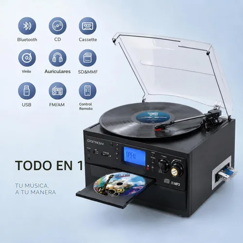 Vista 2 de FEKTIK Tocadiscos Bluetooth 10 en 1 con altavoz incorporado, reproductor de discos de vinilo, casete de CD y radio FM, AUX en USB grabación MP3 Negro
