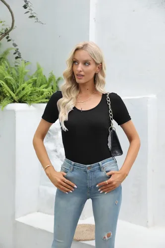 Vista 8 de VICHYIE Camisas de verano para mujer, cuello redondo, manga corta, acanaladas, ajustadas, casuales, básicas