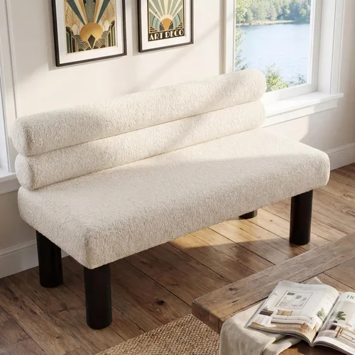 Vista 5 de GDFStudio Banco tapizado de bouclé con respaldo para comedor, banco de entrada estilo granja con patas de madera de goma, banco largo para Beige
