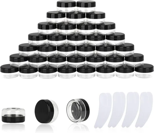 Vista 11 de 50 piezas de 10 gramos de envases de muestra, tarros vacíos de 10 ml con tapas, envases cosméticos pequeños, tarros de muestra mini con 4 piezas