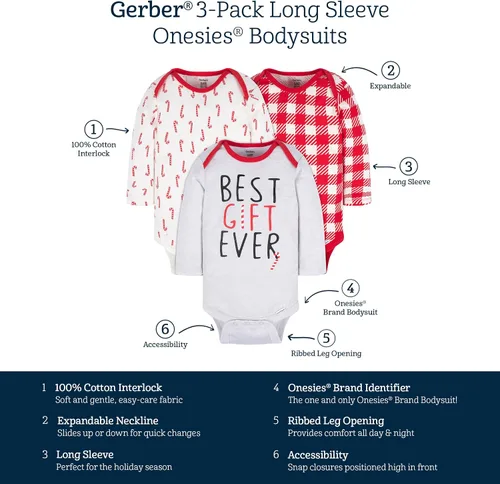 Vista 6 de Gerber Paquete de 3 mamelucos unisex de manga larga para bebé