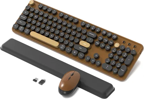 Vista 10 de Combo de teclado y mouse inalámbricos retro con reposamuñecas (rojo claret)