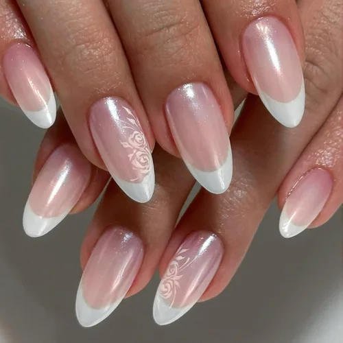 Vista 26 de NBNTGH Uñas postizas a presión de punta francesa blanca, uñas postizas de línea dorada, uñas postizas medianas con diseño de almendra, uñas postizas