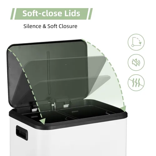 Vista 5 de Cubo de basura rectangular de doble compartimento para reciclaje de cocina con tapa de cierre suave, acero inoxidable de 2 x 4 galones
