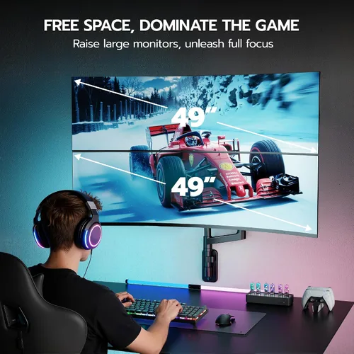 Vista 7 de ARES WING Soporte de pared para monitor doble para pantallas ultraanchas de 17 a 49 pulgadas, brazo de monitor de montaje en pared resistente