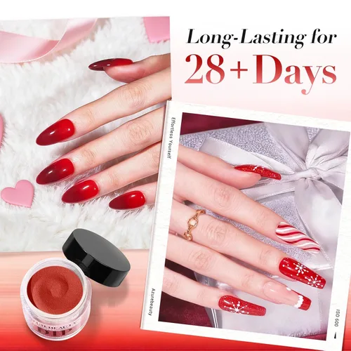 Vista 2 de AZUREBEAUTY - Juego de uñas en polvo para inmersión, rojo navideño, borgoña, rosa, baya, brillo, blanco, plata, purpurina, 6 colores, kit