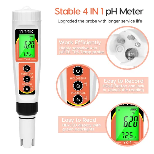 Vista 2 de Yinmik Medidor de pH, medidor digital 4 en 1 de pH EC TDS Temp para agua hidropónica, probador de agua impermeable DWC de pH y EC PPM