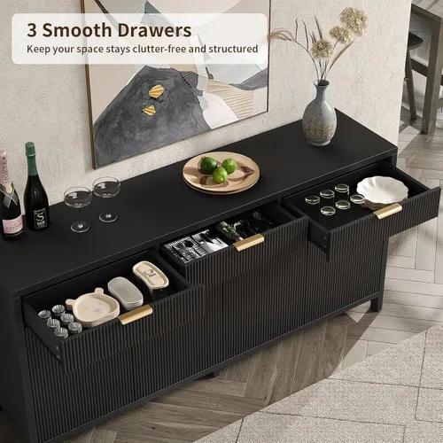 Vista 5 de Yanosaku Aparador Buffet Acanalado de 66" de Ancho, Gabinete de Almacenamiento con 3 Cajones y 2 Gabinetes, Mesa de Bar de Café de Mediados de Siglo