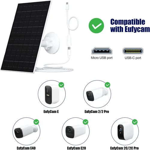 Vista 3 de Zivif Panel solar de 7 W compatible con Eufycam 2C/2C Pro/2/2 Pro/E20/E40/E, cargador solar USB con puerto USB-C, con conector micro USB y enchufe