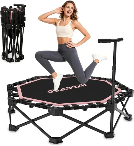 Vista 11 de HXD-ERGO - Minitrampolín plegable de 42 pulgadas, cama elástica con mango de espuma ajustable, trampolín de fitness para interiores, exteriores Azul
