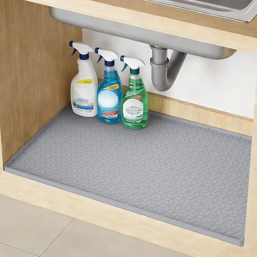 Vista 10 de TRZZ Tapete de silicona impermeable para debajo del fregadero de 34 x 22 pulgadas, bandeja de goteo y forro de gabinete para cocina y baño, evita