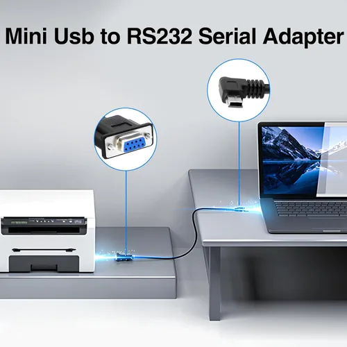Vista 2 de Adaptador mini USB a serie RS232, giro a la derecha, mini USB de 5 pines macho a DB9 pin hembra, cable convertidor para varios dispositivos serie