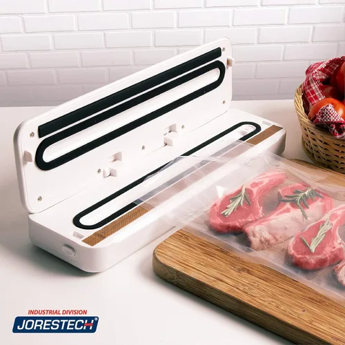 Vista 6 de JORESTECH Máquina selladora al vacío de mesa, embalaje automático de alimentos, características secas y húmedas con cortador integrado (E-Vac-10)