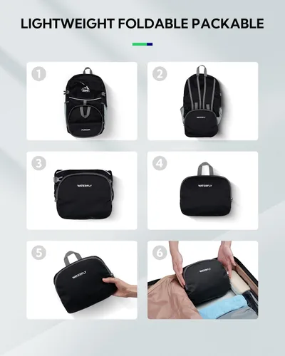 Vista 5 de WATERFLY Mochila de senderismo plegable: mochila de día de 25L ultra ligera para mujer y hombre - pequeña mochila plegable compacta para deportes al